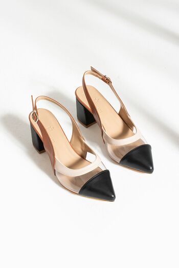 İnan Ayakkabı WOMEN'S BLACK/BEIGE TRANSPARENT SKIN DETAILED HEEL SHOES (6 CM)