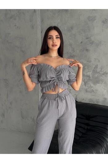 MsLena Butik Gray Madonna Collar Crop Top and Bottom Set - No282-9983