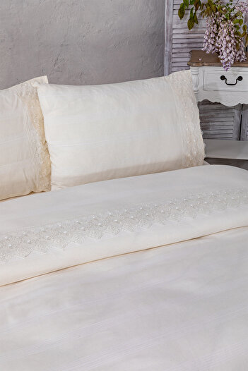 EtkiModa Cream Vintage 100% Cotton Embroidered Double Sheet Duvet Cover Set