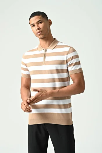İLKCET MODA Ριγέ Slim Fit Knitwear T-Shirt - Γιακάς με φερμουάρ