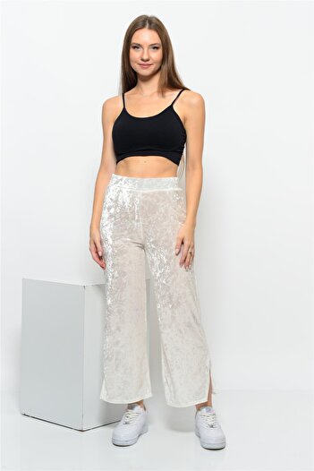 Nuseel Women's Elastic Waist Side Slit Janjan Velvet Trousers White