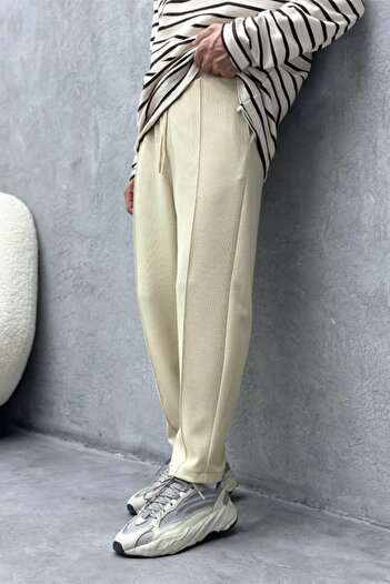 MADZEYMODA Boyfriend Mold Men's Waffle Fabric Beige Jogger with Elastic Waist