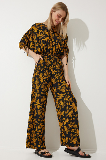 Happiness İstanbul Schwarzes Senfmuster-Bluse-Palazzo-Strickset für Damen MC00264