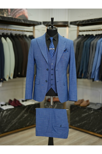LONATOLİA Costum pentru bărbați, guler înghițit, stil italian, jachetă slim fit, pantaloni, albastru