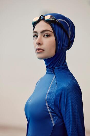 Haşema Performance Series Shoulder Hidden Zipper Detailed Saxe Blue Lycra 5 Piece Hijab Swimsuit Set