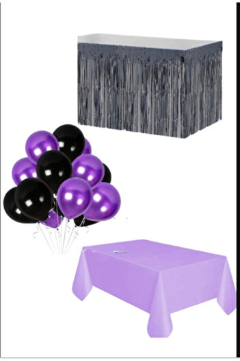 PartAntalya 20 Pieces Black Purple Balloon Set - Table Cloth and Skirt