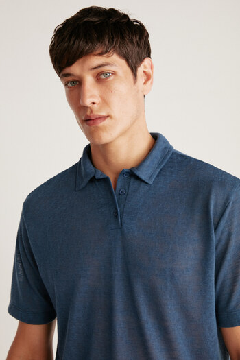 GRIMELANGE Ανδρικό μπλουζάκι με λινό Polo look Tiril Tiril Ύφασμα Navy Blue Polo Collar T-shirt