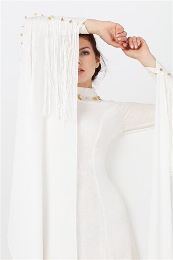 Esswaap Back Tasseled Evening Dress Ecru