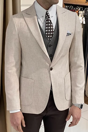 NAZEF Pointed Collar Bag Pocket Linen Jacket - Slim Fit Design