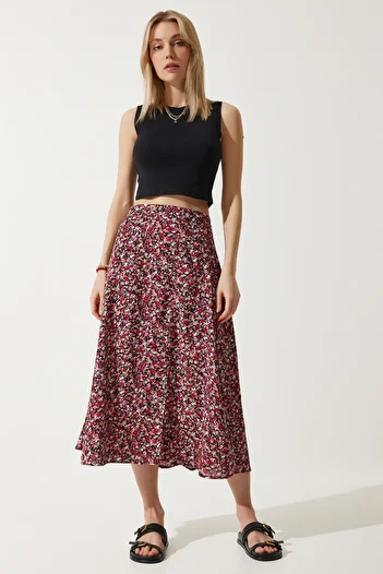 Happiness İstanbul Women's Red Black Floral Slit Summer Viscose Skirt MX00165