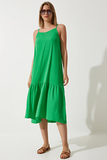 Happiness İstanbul Rochie de muselină largi, verde, cu bretele de vară BP00163
