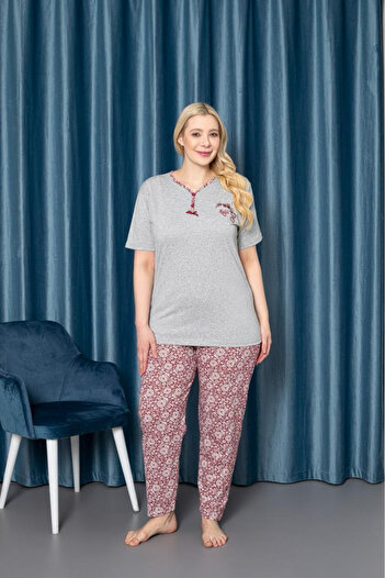 Farya Home X-Dreamy Büyük Beden Pamuklu Düğmeli Yaka Kısa Kollu Pijama Takımı
