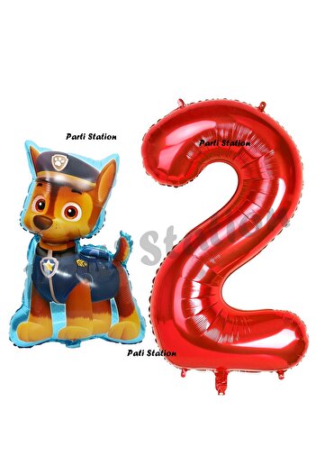 Parti Station 2 Year Old Paw Patrol Balloon and Red Number Chase Police Dog Birthday Set