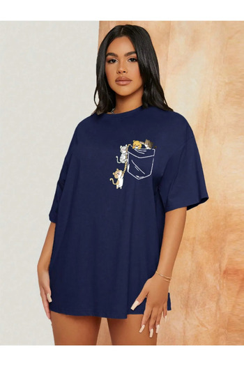 Revasser Women's Large Size CAT Colorful Custom Printed Oversize Cotton Crew Neck Combed Cotton T-Shirt
