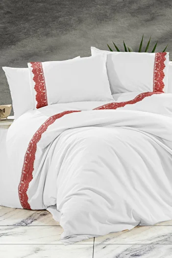 Evlen Home Collection Nirvana Lace Laced Duvet Cover Set 100% Cotton Double (3 Pieces) Cream Red