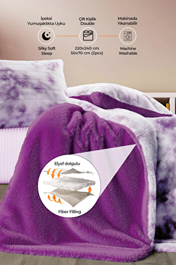 Evlen Home Collection Double (Sided) Personality Fur Quilt Sleeping Set Soft Filled Wellsoft 3 Piece Kuki Bedspread Lilac