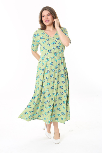 Şans Women's Plus Size Green Wraped Collar Short Sleeve Long Dress 65N37765