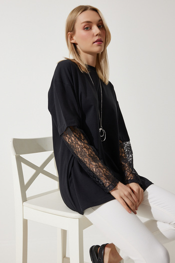 Happiness İstanbul Women's Black Lace Sleeve Loose Long Knitted Tunic NJ00149