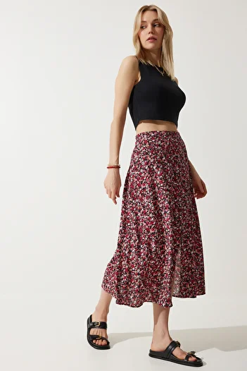 Happiness İstanbul Women's Red Black Floral Slit Summer Viscose Skirt MX00165