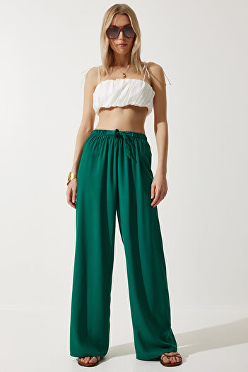 Happiness İstanbul Women's Dark Green Palazzo Viscose Trousers BH00322