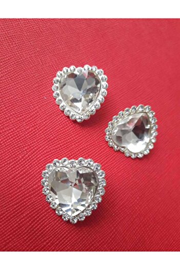 İMREN AKSESUAR Crystal Stone Detailed - Gray Coated Heart Patterned Metal Button Set of 3