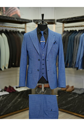 LONATOLİA Costum pentru bărbați, guler înghițit, stil italian, jachetă slim fit, pantaloni, albastru