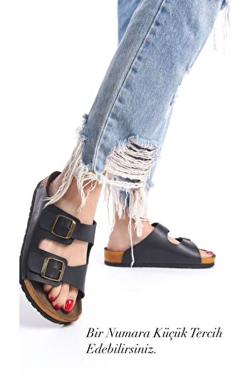 ZİESCE Women's Black Skin Double Strap Adjustable Buckle Daily Slippers