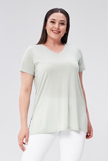 Seamoda Plus Size V-Neck Slit Cotton Basic T-shirt-NIL GREEN