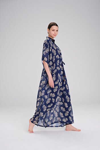 Haşema Patterned Navy Blue Long Pareo 4095