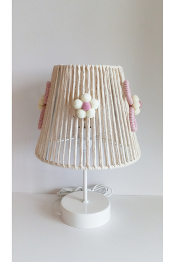 C&A&B KUZEY AVİZE Macrame Rope Wrap with Pink Flower Applique and Flower Pompom Baby Girl and Children's Room Lampshade