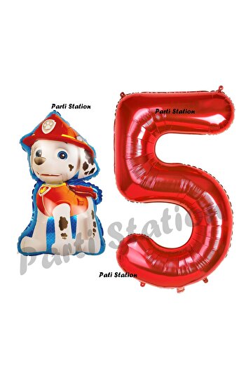 Parti Station Paw Patrol Marshall 5 Year Old Dog Fire Department Balloon and Red Number Birthday Set