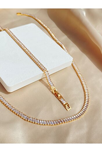 Inure Jewelry Shining Star Gold Su Yolu Vip Baget Kesim Altın Kaplama Çelik (KOLYE & BİLEKLİK) 2'li Set