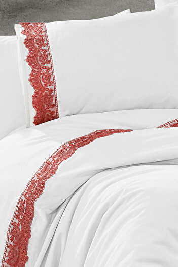 Evlen Home Collection Nirvana Lace Laced Duvet Cover Set 100% Cotton Double (3 Pieces) Cream Red