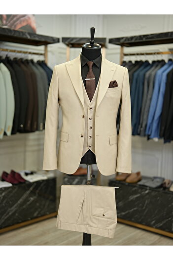 LONATOLİA Ανδρικό κοστούμι ιταλικού στυλ Slim Fit - Πέτο με κορδέλα, μπεζ