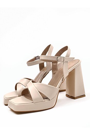 bescobel Women's Rosde Beige Single Platform High Heel Cross Strap Shoes Sandals