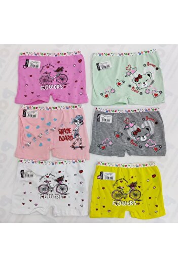 Tutku Poky Girl's Mixed Color Elastane Printed 6-Piece Boxer Shorts
