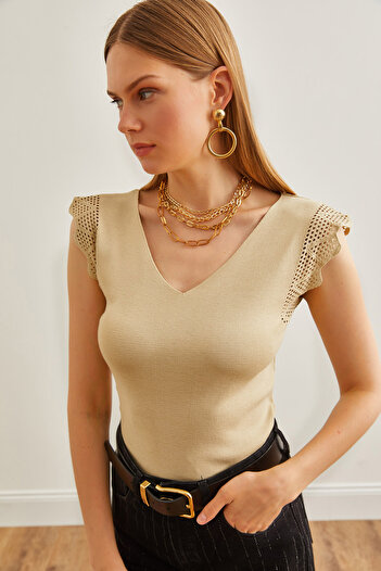Olalook Damen Strickbluse mit V-Ausschnitt und durchbrochenem Muster in Stein BLZ-19002631