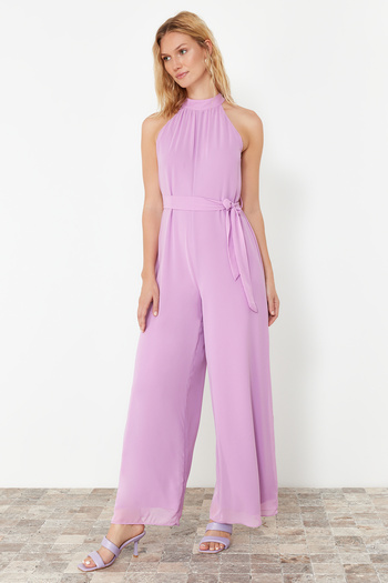 Trendyol Collection Lilac Belted Maxi Chiffon Lined Woven Jumpsuit TWOSS23TU00093