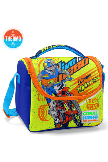 Coral High Kids Highlighting Yellow Saks Motorcycle Patterned Thermo Lunch Box 11742
