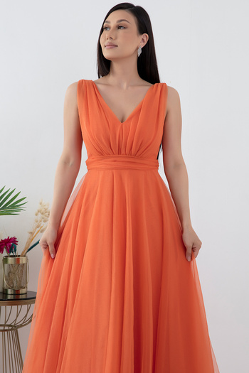 PULLIMM Glittering Tulle V-Neck Dress - Zero Sleeve 13412