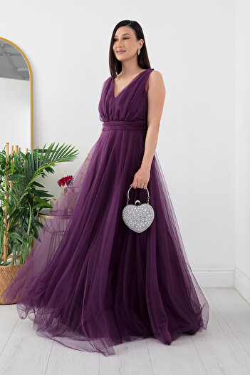 PULLIMM V-Neck Zero Sleeve Glittering Tulle Dress 13412