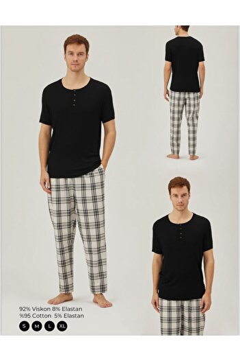 Pamuk & Pamuk COTTON&COTTON SOFT TEXTURED BUTTONED COLLAR SHORT SLEEVES MEN'S PAJAMAS SET