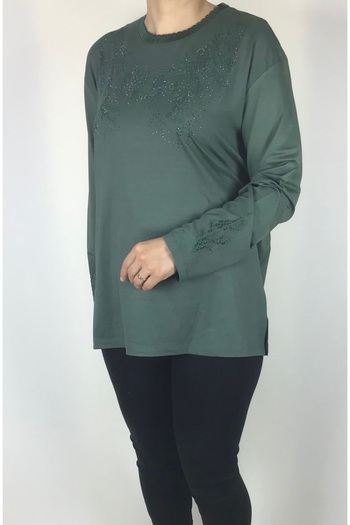 ECE GİYİM Plus Size Lycra Viscose Blouse - Jewelled Detail and Embroidered Collar and Sleeve