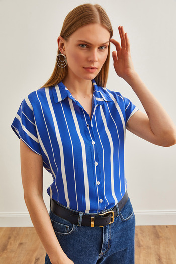 Olalook Γυναικείο πουκάμισο με χοντρό ριγέ Saks Blue Bat Viscose GML-19000617