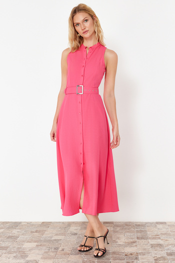 Trendyol Collection Pink Belted Midi Woven Shirt Dress TWOSS23EL01628
