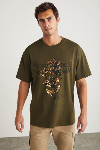 GRIMELANGE Sneill Men's Crew Neck 100% Cotton Printed Khaki T-shirt