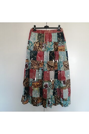 Butik Tülin Otantik pamuk çok renkli desenli peçvörk gümüş payet el işi süslü astarlı etek Hint Malı