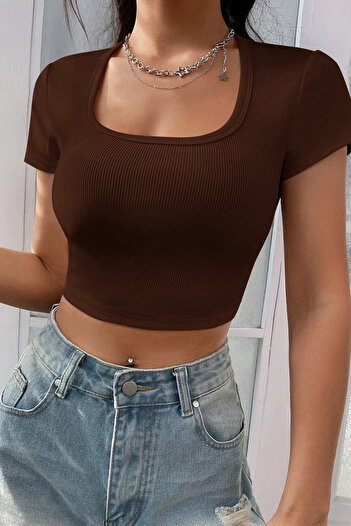 Imoda Women's Brown Half Sleeve Straight Collar Crop Top Blouse