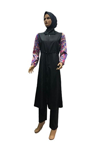 eflin Plus Size Women's Clothing - Black-Blue Floral Hijab Swimsuit, Including Bonnet