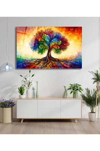 duvarsanatı Colorful Tree of Life Glass Painting, Modern Home Office Living Room Wall Decor Gift Large Painting Decor
